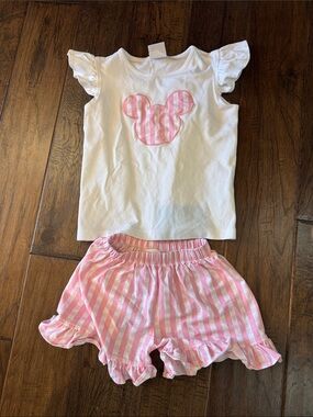 Girls Pink Stripe Matching Set - White Top & Pink Shorts